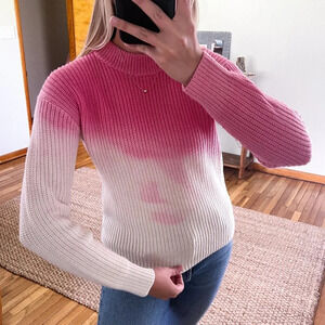 VEDA Pink White Tie Dye Merino Wool Tight Knit Crew Neck Preppy Sweater Small